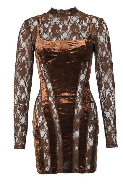 High-neck lace long-sleeved slim dress