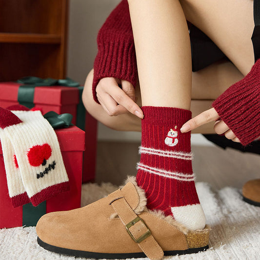 Thick Wool Red Cute Mid Calf Christmas Socks