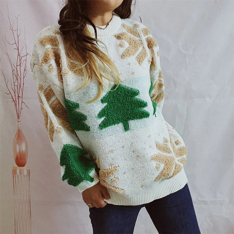 Green Fashion Tree Embroidery Knitted Pullover Casual Loose Retro Christmas Sweater Sweaters-L