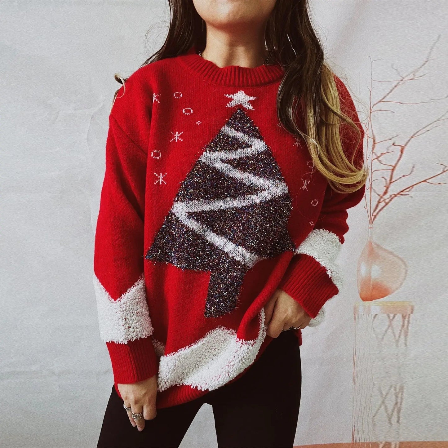 Gold Thread Flocked Round Neck Long Sleeved Loose Knit Pullover Christmas Sweater Red / S Sweaters-L