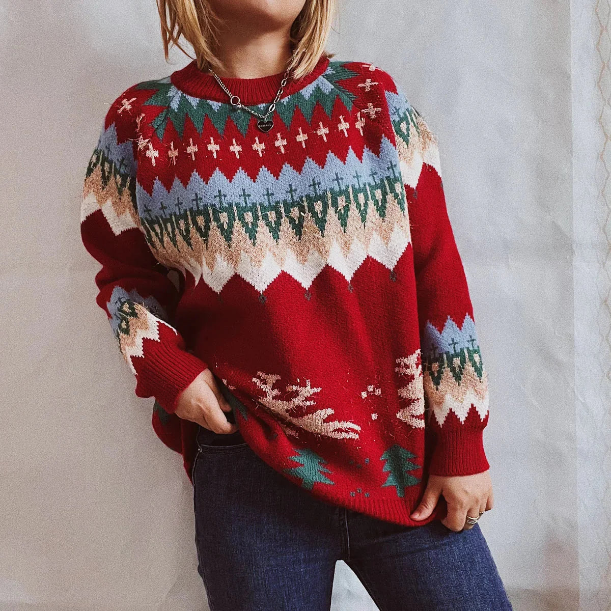 Thicken Raglan Sleeves Elk Christmas Tree Gold Pullover New Year Sweater Sweaters-L