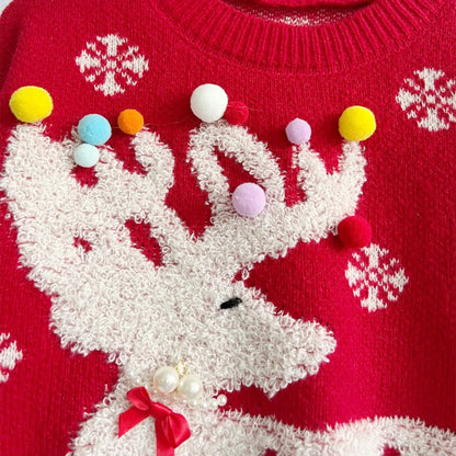 Handmade Pearl Ball Decoration Jacquard Christmas Red Sweater Sweaters-L