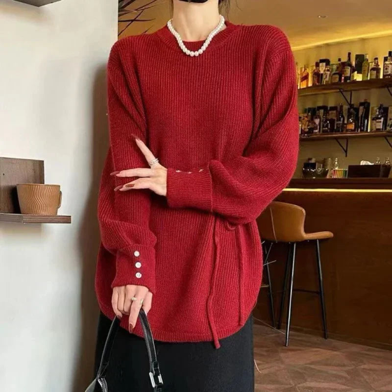 Oversize Thick Red Knitting Warm Casual Lantern Sleeve Christmas Sweater / One Size Sweaters-L