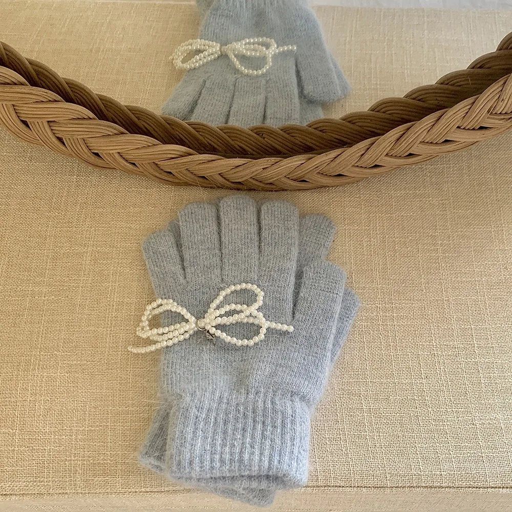 Pearl Bow Knot Winter Wool Furry Thickened Warm Soft Y2K Lolita Cosplay Christmas Gloves Blue