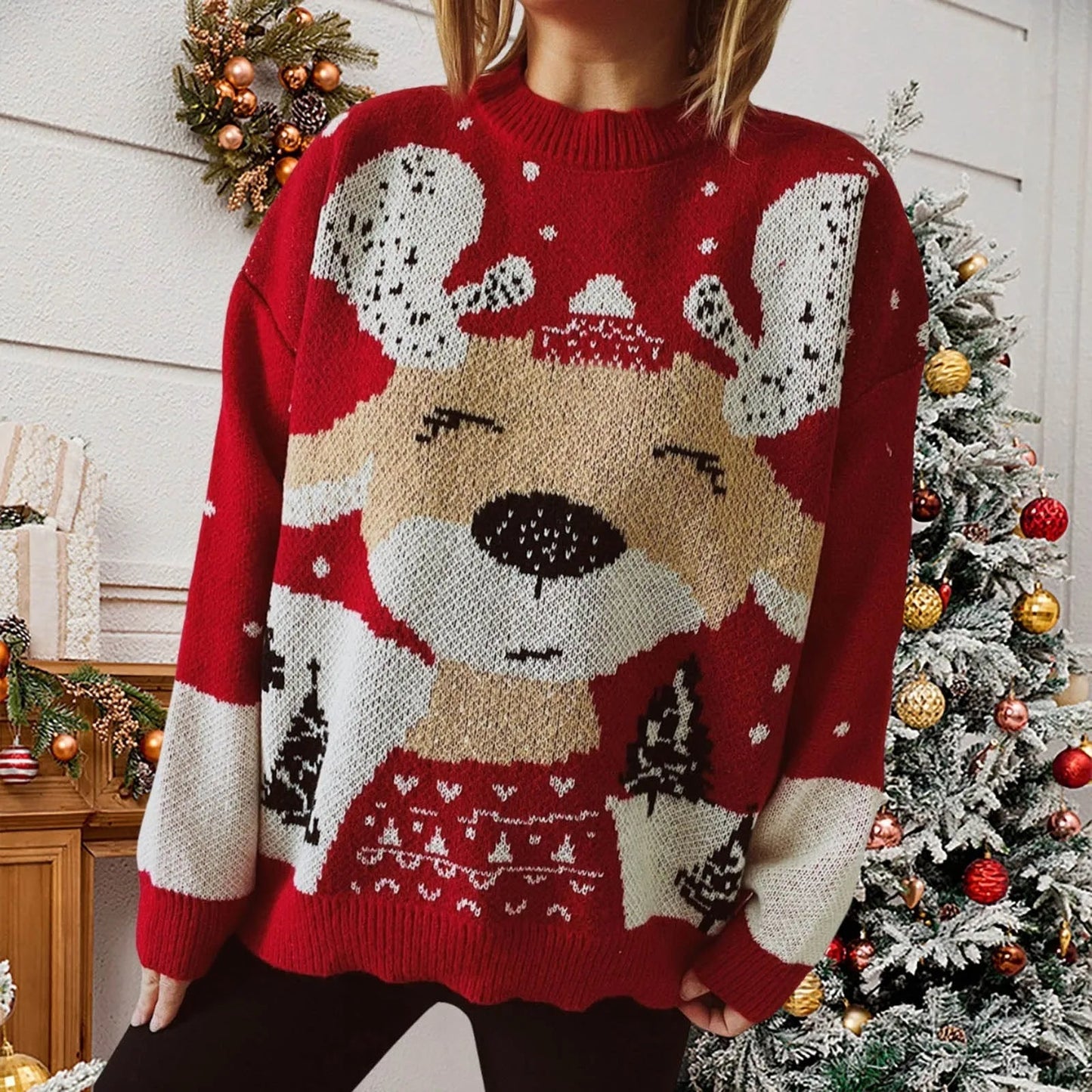 Elk Snowflake Pattern Christmas Sweater - Long Sleeve Loose Knit Red / S Sweaters-L