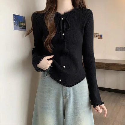 Red Christmas Solid Bow Drawstring Elegant Slim O-Neck Warm Sweater Black / S Sweaters-L