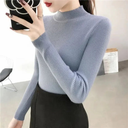 Slim Fit Stand Collar Long Sleeve Knitted Christmas Sweater Light Blue / S Sweaters-L