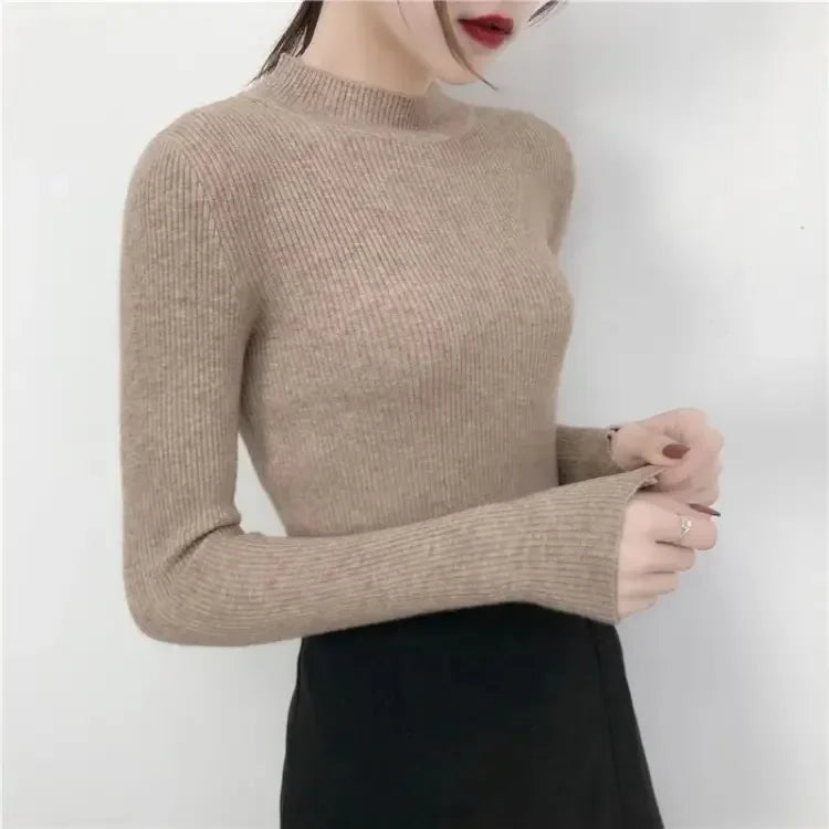 Slim Fit Stand Collar Long Sleeve Knitted Christmas Sweater Khaki / S Sweaters-L