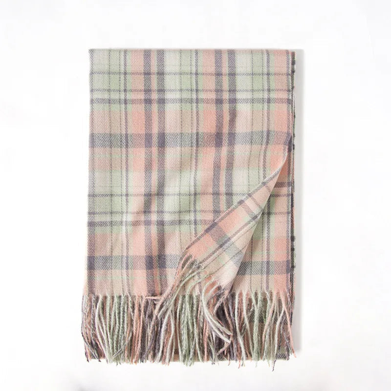 Red Plaid Cashmere Korean Style Fashion Warmer Hijab Pashmina Scarf For Women Pink 1 Scarfs-L