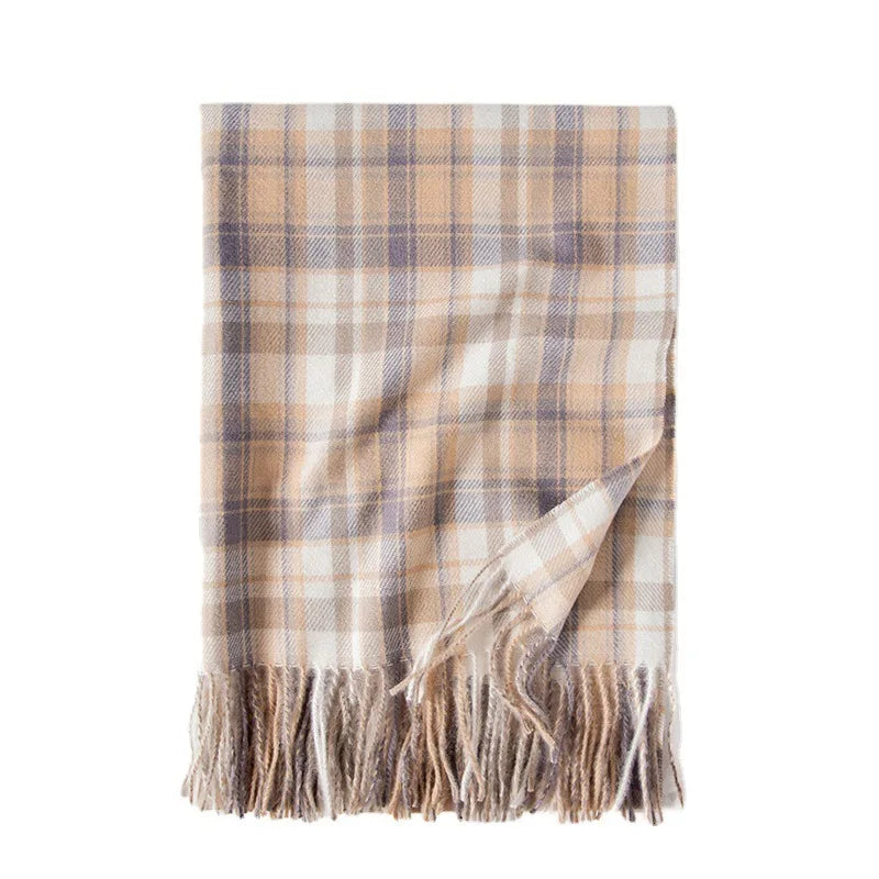 Red Plaid Cashmere Korean Style Fashion Warmer Hijab Pashmina Scarf For Women Beige 1 Scarfs-L