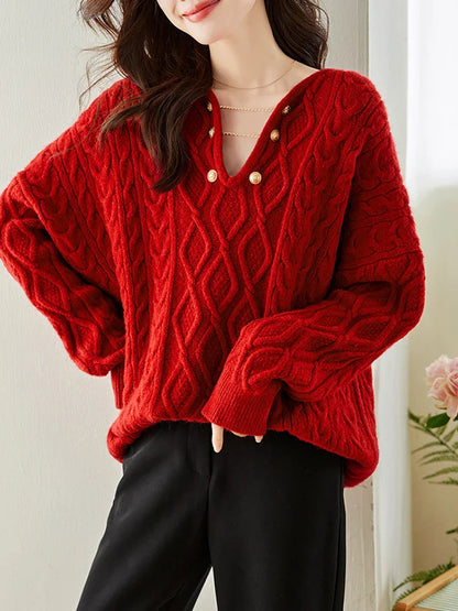 Gentle Temperament V-Neck Casual Autumn Winter Red Christmas Sweater Sweaters-L