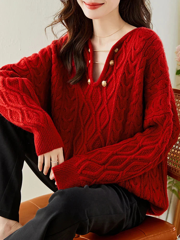 Gentle Temperament V-Neck Casual Autumn Winter Red Christmas Sweater Sweaters-L