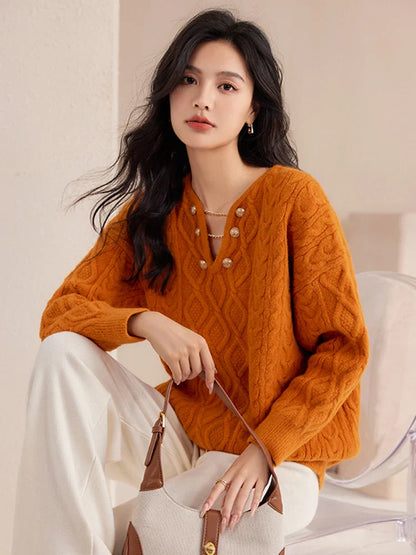 Gentle Temperament V-Neck Casual Autumn Winter Red Christmas Sweater Orange / S Sweaters-L