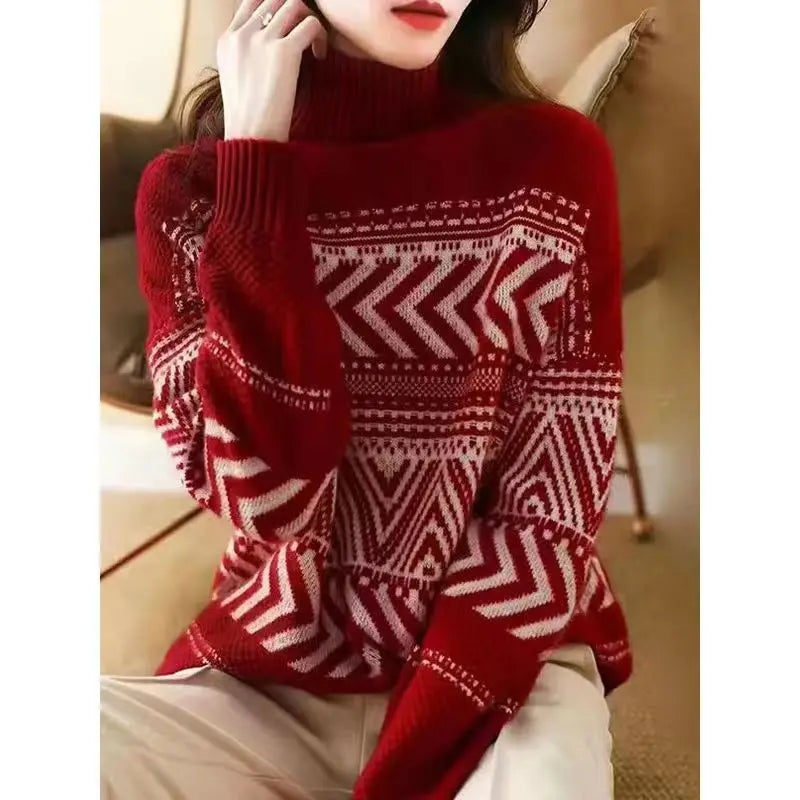Loose Casual Versatile Fashionable High Neck Red Christmas Sweater / S(40-47.5)Kg Sweaters-L
