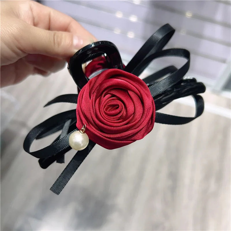 Satin Rose Large Christmas Hair Accessory Dark Red Accessories-L