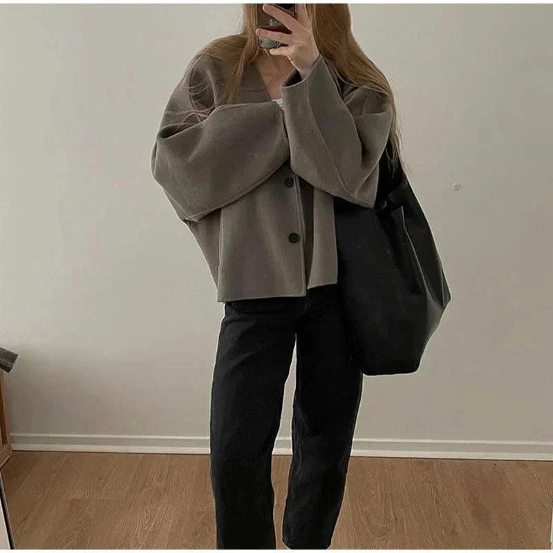Vintage Solid Single Breasted Short Coats Women Casual Long Sleeves V Neck Crop Jackets Autumn Chic Lady Commuter Outerwear