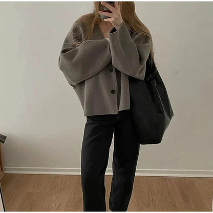 Vintage Solid Single Breasted Short Coats Women Casual Long Sleeves V Neck Crop Jackets Autumn Chic Lady Commuter Outerwear