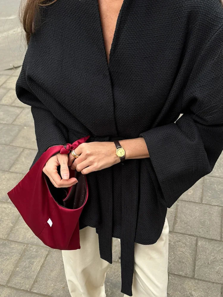 New Women's Black Lace Up Overcoats Autumn Chic Office Jackets Slim Fit Pleated Coat Elegant V-neck Commute For Lady Coats