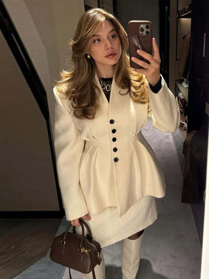 Elegant V-neck Slim Fit Jackets Women Vintage Solid Single Breasted Long Sleeve Coats Female Autumn Spring Chic Street Outwear