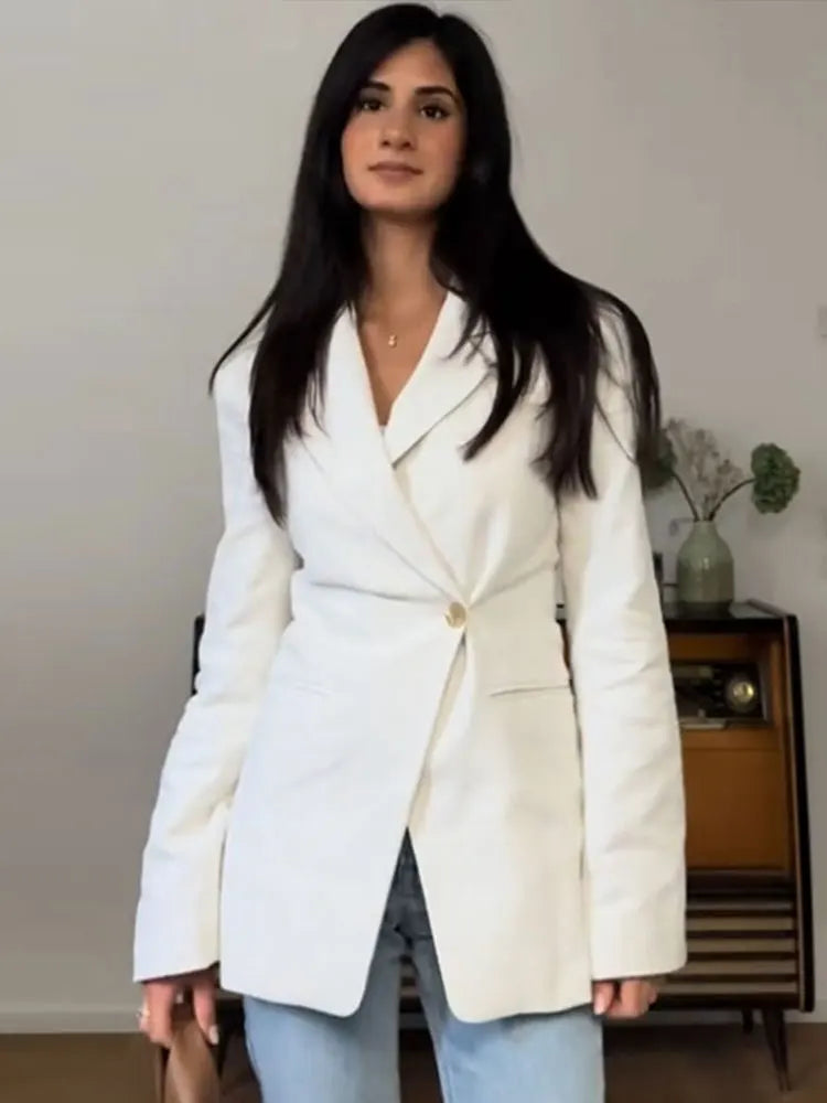 Vintage Solid Single Button Suit Jacket Women Elegant Slim Lapel Blazer Jackets Female New Spring Chic Street Office Outwear