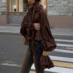Fashion Flare Sleeve Blouse Shirt with Scarf Y2K Women Vintage Brown Oversized T-shirt Casual Top Autumn Streetwear