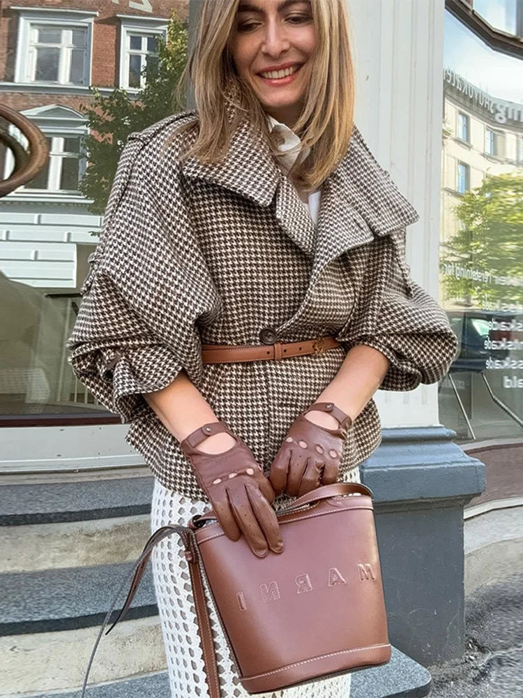 Plaid Double Breasted Street Coat Women Drop-shoulder Long Sleeve Stand Collar Loose Pocket Casual Jacket 2025 Autumn Outwear