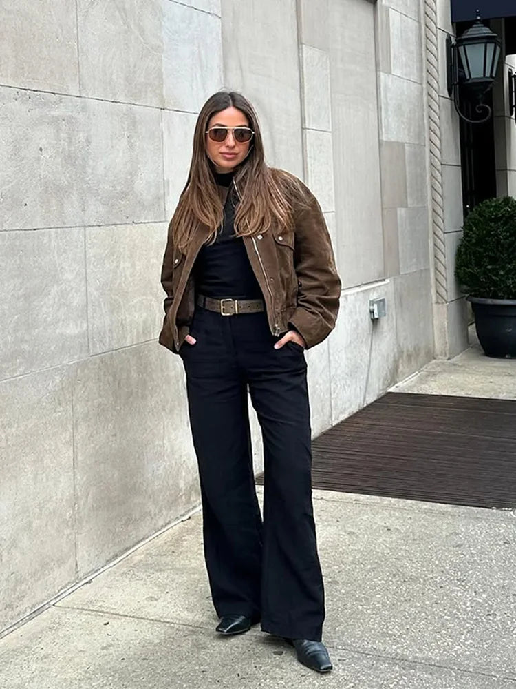 Zipper Suede Cargo Jacket Coat Button Lapel Maillard Slimming Workwear Leather Jackets Casual Short Outwear Commute Overcoat