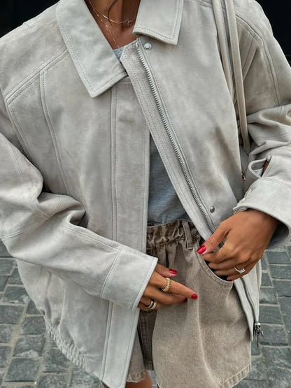 Do Old Suede Jacket Coat White Workwear Style Lapel Casual Simple Retro Leather Tooling Jackets Loose Wide Fit Slimming Outwear