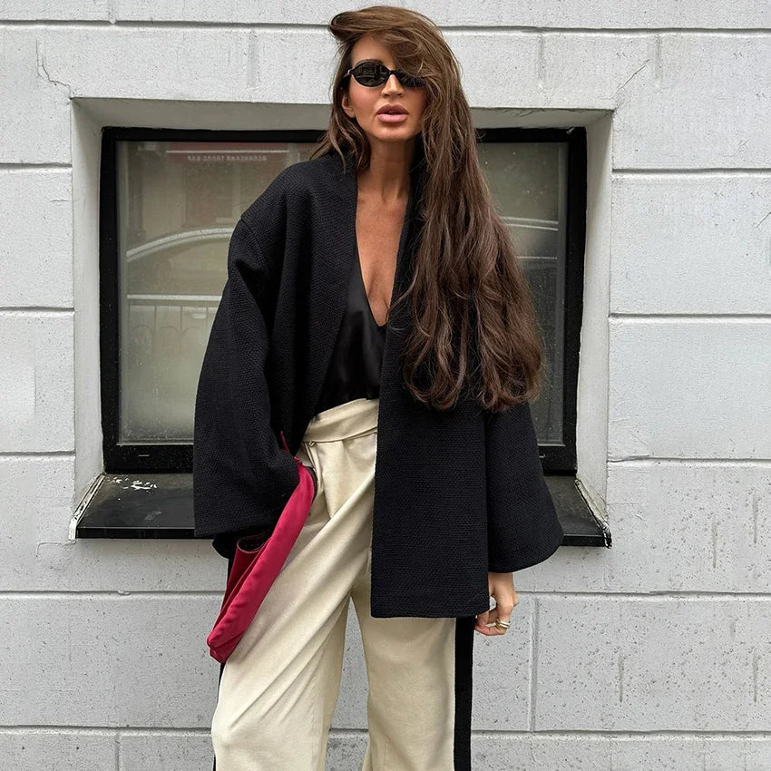 New Women's Black Lace Up Overcoats Autumn Chic Office Jackets Slim Fit Pleated Coat Elegant V-neck Commute For Lady Coats