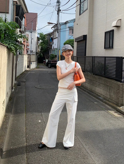 Women Lace Patch Strap Bootcut Pants white