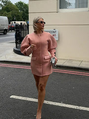 TAVIMART  -  New Women's Round Neck Mini Dresses Solid Colour Zipper Bubble Sleeve Pocket Dress Female Commuter High Street Vestidos