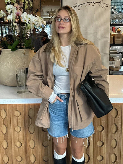 Casual Leather Lapel Jackets Women Vintage Khaki Zipper Pockets Jacket Coat Female Autumn Winter Chic High Street Outwear