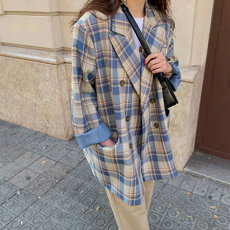 Blazer Double Breasted Plaid For Lapel Women Vintage 2024 Spring Chic Notched Collar Loose Female Suit Jackets