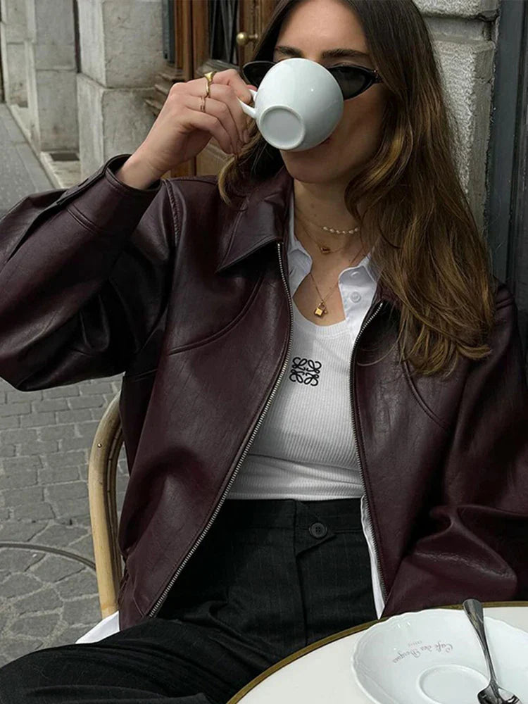 Solid Zipper Leather Jacket For Women Casual Turn-down Collar Long Sleeve Female Coat 2024 New Autumn Casual Ladies Outerwears