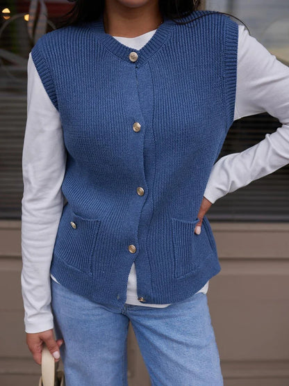 Pocket Solid Cardigan Vest Women O Neck Single Breasted Sleeveless Knit Waistcoat 2025 New Simple Casual Fashion Sweater Jacket