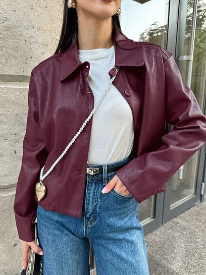 Burgundy Faux Leather Jackets Women Moto Biker Lapel Zipper Long Sleeve Female Coats 2025 Spring Casual Lady Street Outwear