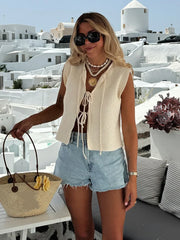 Fashion White Lace Up Women Knitted Vest Elegant O-neck Hollow Out Sleeveless Cropped Tops Summer Female Commuting Streetwear