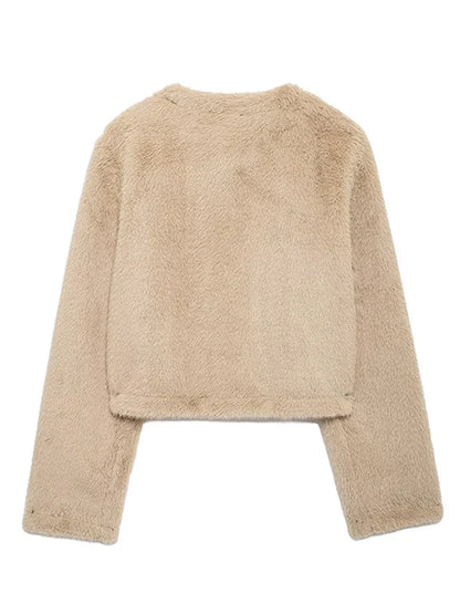 Faux Fur Short Jackets Women Casual Loose Round Neck Single Breasted Coats Female Winter Solid Warm Long Sleeves Outwears