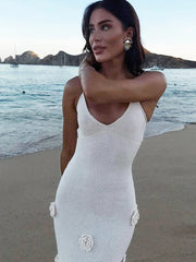 Sexy Beach Holiday V-Neck Floral Applique Suspender Long Dress For Women Elegant Slim Backless Summer Evening Party Dress