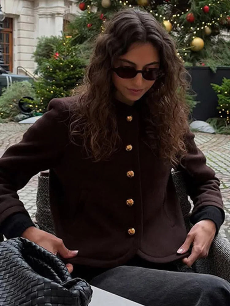 Elegant Solid O-neck Plush Short Coats Women Retro Slim Fit Single Breasted Jackets Female New Spring Chic Office Outwear