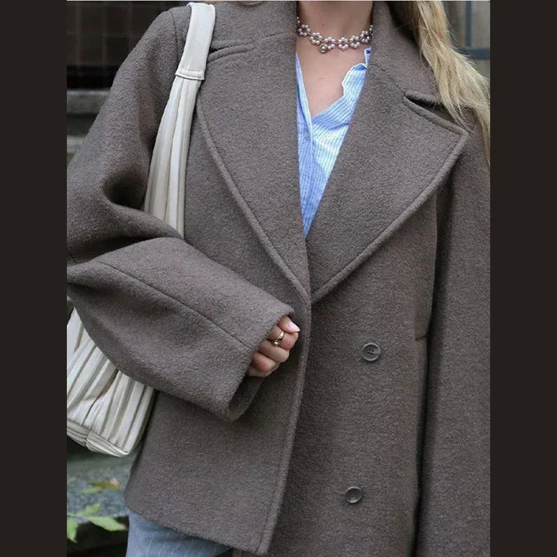 Autumn Winter Solid Double Breasted Wool Coat Fashion Lapel Long Sleeves Short Blazer Jacket Female Warm Chic Outerwear New