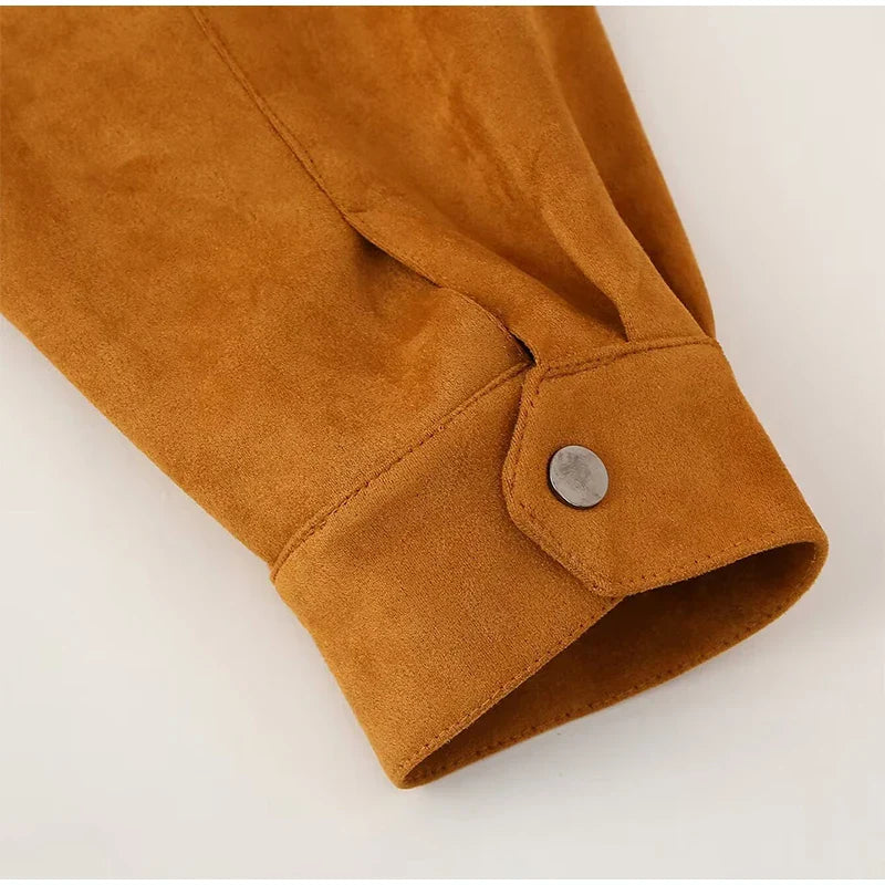 Women Patchwork Suede Jackets Long Sleeve Pocket Zipped Stand Coats 2024 Autumn Winter New Fashion Commuting Top Outerwears