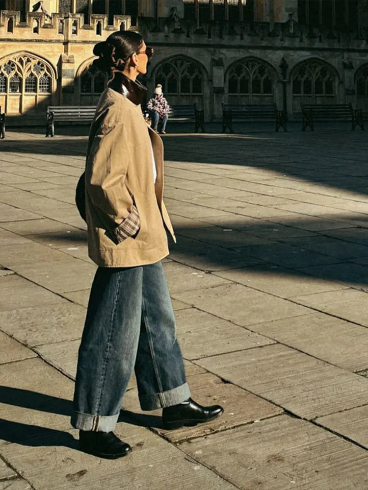 Leather Collar Cargo Jacket Button Down Plaid Pattern Patchwork Jackets Vintage Contrast Color Trench Coat Loose Casual Outwear