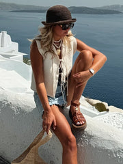 Fashion White Lace Up Women Knitted Vest Elegant O-neck Hollow Out Sleeveless Cropped Tops Summer Female Commuting Streetwear