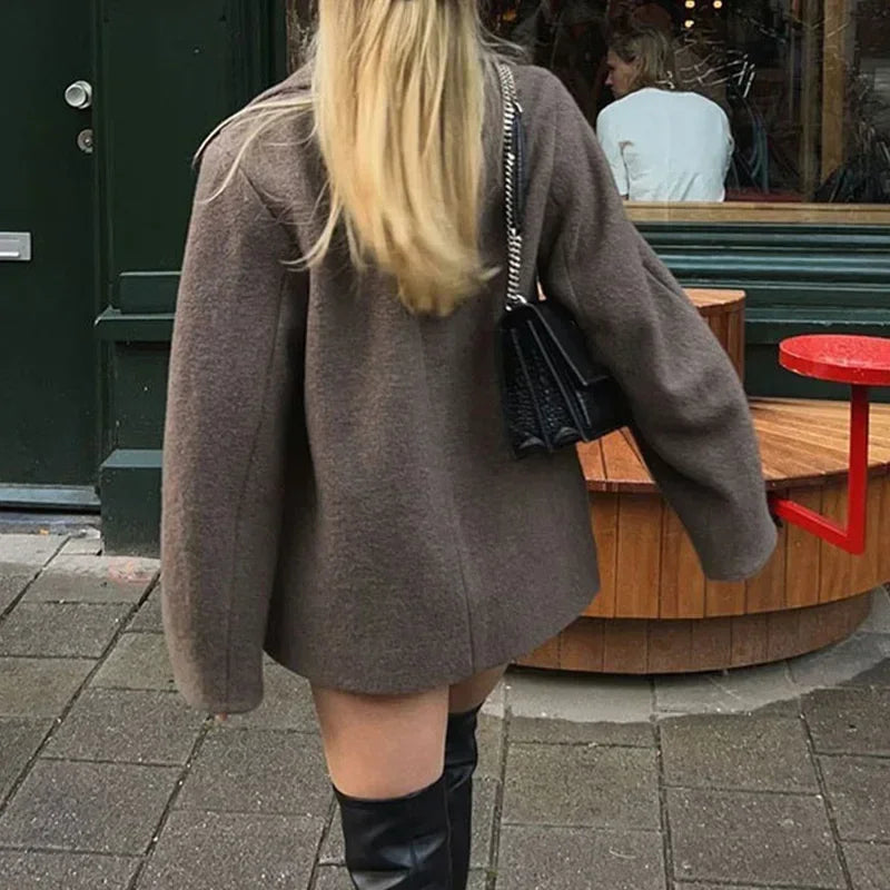 Autumn Winter Solid Double Breasted Wool Coat Fashion Lapel Long Sleeves Short Blazer Jacket Female Warm Chic Outerwear New