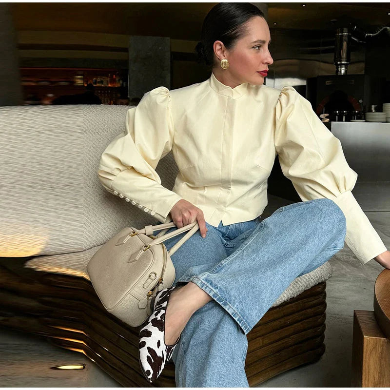 Retro Solid Stand Collar Short Shirt Women Elegant Single Breasted Puffy Sleeve Shirts Coat Lady Versatile Chic Streetwear