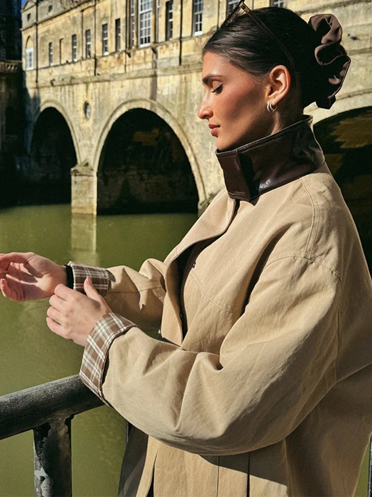 Leather Collar Cargo Jacket Button Down Plaid Pattern Patchwork Jackets Vintage Contrast Color Trench Coat Loose Casual Outwear