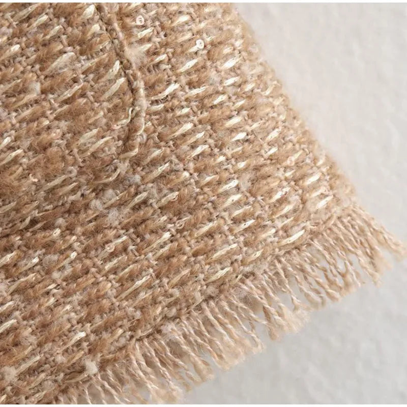 Fashion O-neck Pockets Short Coats For Women Autumn Long Sleeve Single Breasted Tweed Jacket New Chic Cropped Coats Female