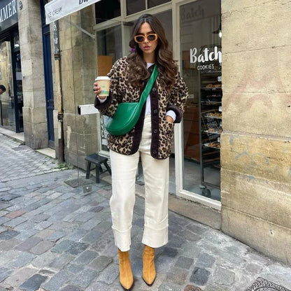 Vintage Leopard Print Single Breasted Jacket Women Elegant O Neck Long Sleeves Pocket Coat New Fashion Lady Warm Outerwear