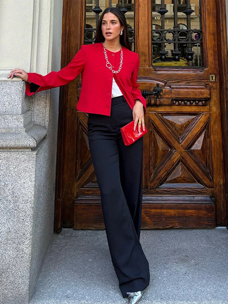 Elegant Slim Fit Women's Jacket Round Neck Single Breasted Long Sleeve Short Jackets Fashion Solid Color Casual Coat Outerwears